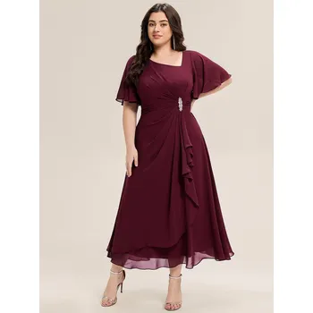 Dámské šaty Večerní šaty s krátkým rukávem, volánky, asymetrické Barva: Bordová, Velikost: 6XL