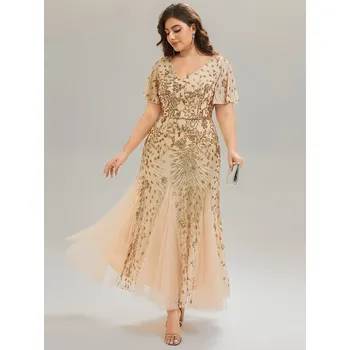 Dámské šaty Společenské šaty s krátkým rukávem, volánky, flitry a výstřihem Barva: Zlatá, Velikost: 6XL