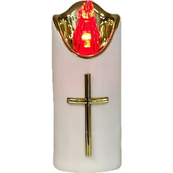 Svíčka LED svíčka do lampy do hřbitovních svíček Cortina Rico bílá 12,5 cm červený plamen, zlatý kříž