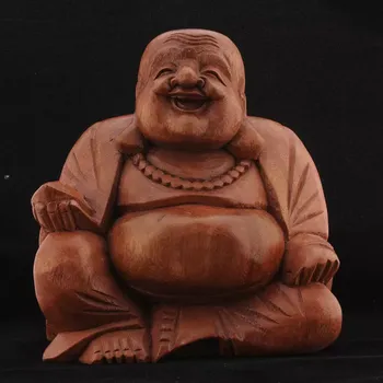 Soška sedící Budai 21 cm – dřevořezba, Smějící se Buddha