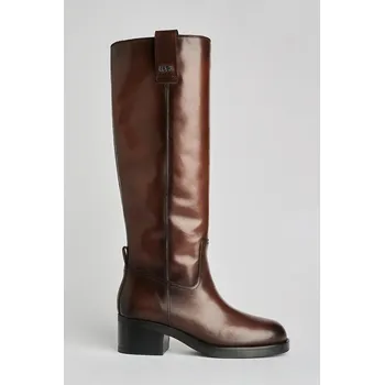 Dámské kozačky Kožené kozačky Karl Lagerfeld BROOKLYN dámské, hnědá barva, na podpatku, lehce zateplené, KL41790W KL41790W.044 88X, EUR 36