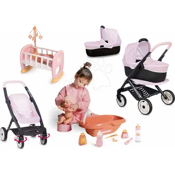 Kočárek pro panenku Set kočárek trojkombinace s postýlkou Puschair Pink Maxi Cosi&Quinny Smoby a vanička s nočníkem a láhví