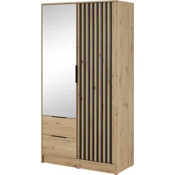 Šatní skříň Moderní posuvná Skříň 105 cm, dubové dřevo s černými lamelami se zrcadlem