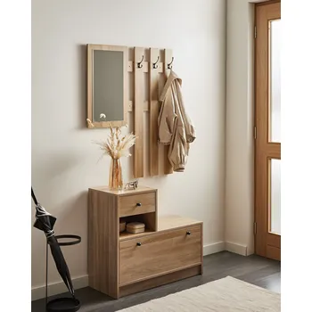 Botník Sada do předsíně světle hnědá skříňka z dřevotřísky s úložným prostorem zrcadlem a věšáky na kabáty Beliani