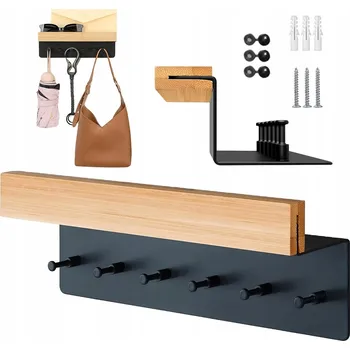 Věšák KOVOVÝ DRŽÁK NA KLÍČE S POLIČKOU NA PŘÍSLUŠENSTVÍ VĚŠÁK NA OBLEČENÍ 6X HÁČEK