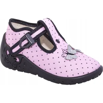 Dívčí bačkory BAČKŮRKY, botičky, papuče růžové s černými puntíky a motýlky, velikost 25 na zapínání