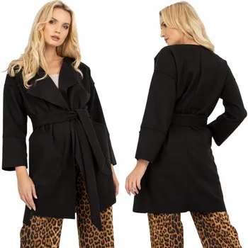 Dámský kabát Och Bella dámský kabát černý klasický bez kapuce Elegantní dámský přechodový kabát na zavazování, velikost L