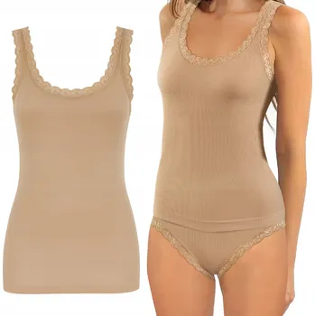 Dámské tričko DÁMSKÉ TRIČKO s ramínky, krajka, žebrovaný pletenina béžové *L/XL