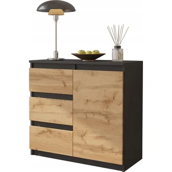 Komoda KOMODA ŠEDÁ MATNÁ/DUB WOTAN 3 ZÁSUVKY 1 DVÍŘKA POLICE, SKŘÍŇKA 80 CM OBÝVACÍ POKOJ