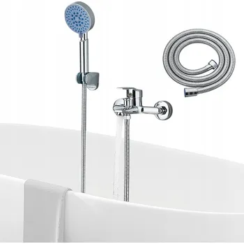 Vodovodní baterie VANOVÁ NÁSTĚNNÁ BATERIE SE SPRCHOVOU HADICE SPRCHOVÁ HLAVICE NEREZOVÁ OCEL, STŘÍBRNÁ