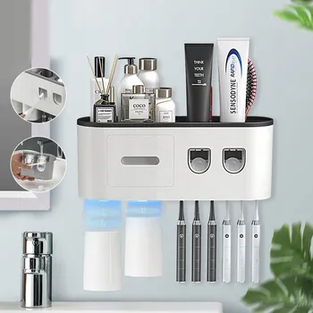 Držák na kartáček Nástěnný držák na zubní kartáčky s automatickým dávkovačem zubní pasty 5