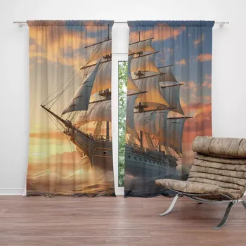 Závěs Sablio Závěs Plachetnice ve vlnách při východu slunce: 2ks 140x250cm