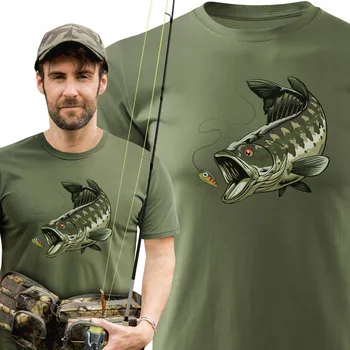 Pánské tričko Rybářské pánské tričko s velkým potiskem OKOUN, khaki barva, vel XL