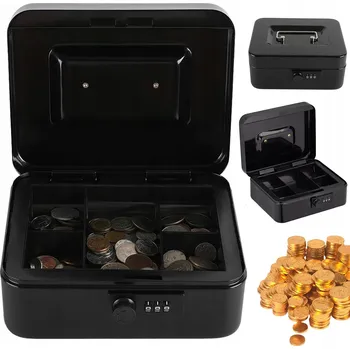 Vrták METALOWA KASETKA NA PIENIĄDZE MINCE BANKOVKY DOMÁCÍ POKLADNIČKA KUFŘÍK NA KÓD ŠIFRA