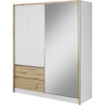 Šatní skříň Posuvná Skříň 184 cm bílý dub Artisan se zrcadlem a zásuvkami