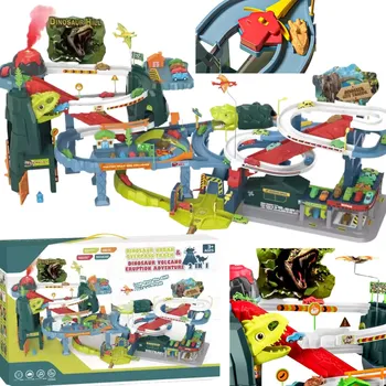 autodráha VELKÁ ZÁVODNÍ DRÁHA PARKOVIŠTĚ ERUPCE VULKÁNU DINOSAUŘI AUTÍČKA POHYBLIVÝ VÝTAH