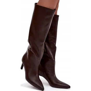 Dámské kozačky Dámské kozačky z eko kůže, nazouvací, s prošíváním, jehlový podpatek, čokoládové, velikost 40