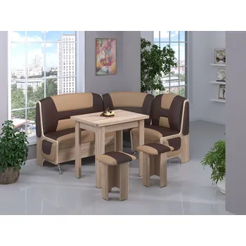 Jídelní set Slevadoma Rohová lavice SPARTAK SET dub sonoma / koženka hnědá + káva