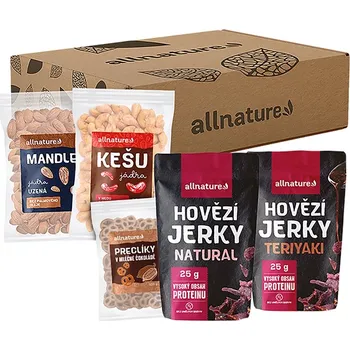 Allnature Dárková sada Allnature Mandle uzené ořechy uzené 100 g + Allnature Kešu ořechy v medu a chilli pikantní ořechy 100 g + Allnature Preclíky v mléčné čokoládě preclíky v polevě 100 g + Allnature Hovězí jerky Natural sušené maso hovězí 25 g + Allnat