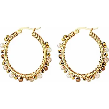 Náušnice Kruhové náušnice Premium s barevnými korálky, pozlacená nerezová ocel, č. 1493 - Béžová