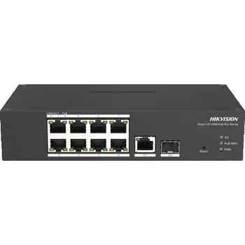 Switch Hikvision DS-3T1310P-SI/HS Switch, 8× RJ-45 100Mb/s, 1× RJ-45 1Gb/s, 1× SFP 1Gb/s, 8× PoE+ 802.3af/at, PoE budget 110W, 48–57VDC DS-3T1310P-SI/HS