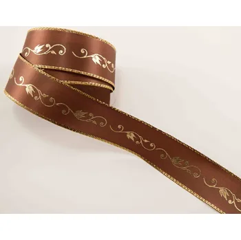 Stuha Saténová stuha se zlatým zdobením - světle hnědá - šíře 2,5 cm