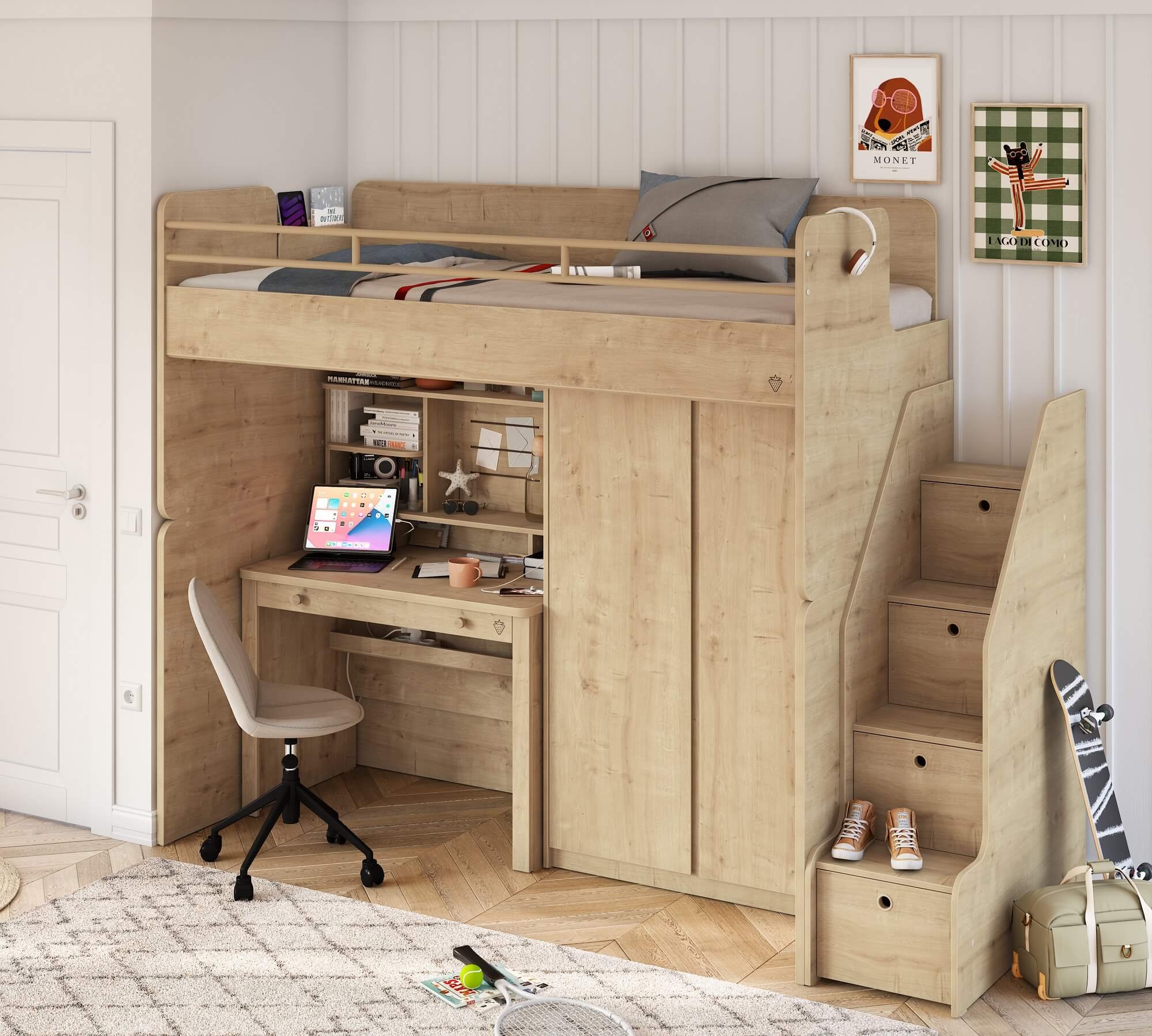 Čilek Zvýšená postel 90x200 cm se schody SET Mocha Studio