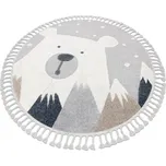 Koberec kulatý YOYO EY81 šedo / bílé - Medvěd, hory pro děti, strukturální, senzoricky Třásně