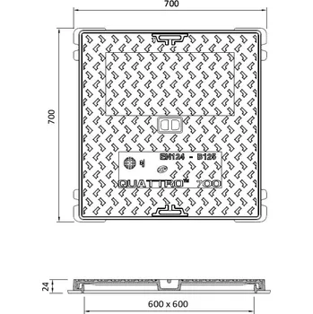 kanalizace Litinový čtvercový poklop s rámem SDM 12, zatížení B125 600x600
