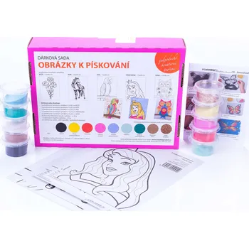 Výtvarná sada sada RŮŽE, KŮŇ, ARA, PRINCEZNA, SOVA / 15x20 cm (Dárková sada – šablony na pískování a barevný písek)