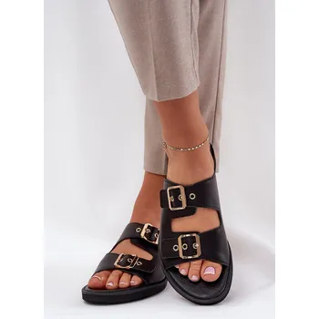 Dámské žabky Kožené Ploché Pantofle S Přezkami Zazoo 3020 Černé 39