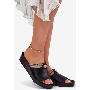 Dámské žabky Kožené Dámské Pantofle S Ozdobným Páskem KV51-034 Černé 38