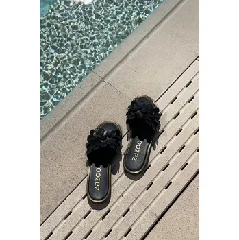 Dámské žabky Zazoo 40381 Dámské Kožené Pantofle Na Plochém Podpatku Černé 38