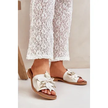 Dámské žabky Pantofle S Dekorací Přírodní Kůže Zazoo 3667 Zlatý Opraný 39