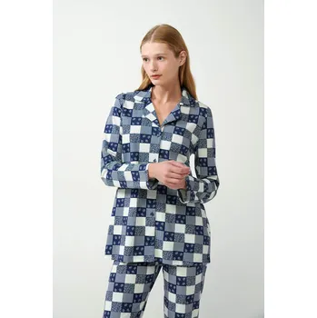 Dámské pyžamo Dámské bavlněné dvoudílné pyžamo rozpínací Vamp 21432 Barva: MODRÁ, Velikost: XL