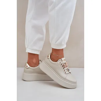 Dámské tenisky Dámské Kožené Tenisky Na Platformě S Ozdobami CheBello 4292 Světle Béžové 37