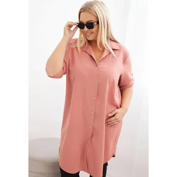 Dámské šaty Dámská košilová šaty Plus Size s delším zadním dílem a ohrnovacími rukávy tmavě pudrově růžová UNI