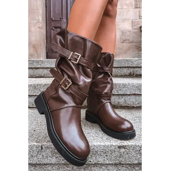 Dámské kozačky Vlněné dámské kozačky do poloviny lýtka s pásky a přezkami hnědé Halvessa 37