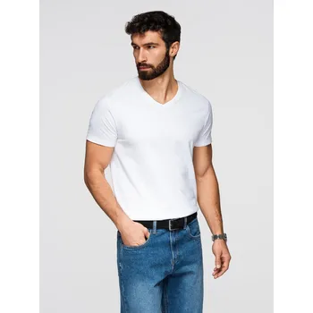 Pánské klasické bavlněné tričko BASIC s výstřihem - bílé V4 OM-TSBS-0237 - XL