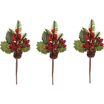 Vánoční dekorace Sada větviček s šiškami a bobulemi, 3 ks, červená, 24 cm