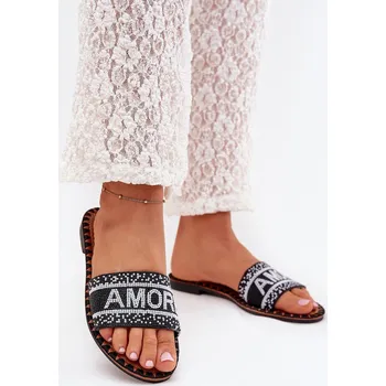 Dámské žabky Dámské Pantofle Na Plochém Podpatku Se Zdobením Amore Černé Avelina 39