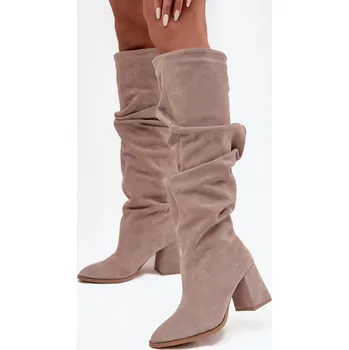 Dámské kozačky Zmačkané kozačky z přírodního semiše na sloupku zateplené Zazoo 4228 béžové 35