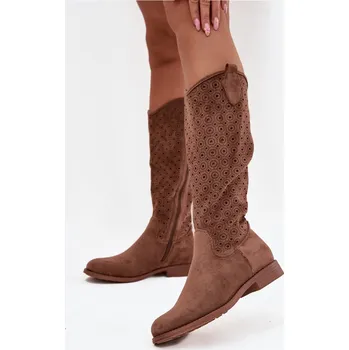 Dámské kozačky Dámské kozačky na ploché podrážce s perforovaným vzorem S.Barski HY52-531 hnědé 37