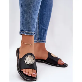 Dámské žabky Ekokožené Pantofle Na Plošem Podpatku S Dekorací Černé Tatereia 37