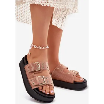 Dámské žabky Dámské Pantofle Se Zlatými Přezkami Na Platformě Béžové Virvania 37