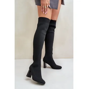 Dámská obuv Kozačky Se Školkovou Špicí Nad Koleno Na Podpatku Černé Esanira 37