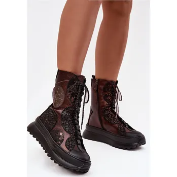 Dámská zimní obuv Kožené kotníkové boty na platformě s podšívkou Maciejka 06565-02 hnědozlaté 40