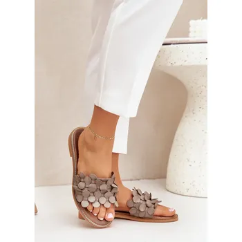 Dámské žabky Zazoo 40381 Dámské Kožené Pantofle Na Plochém Podpatku Taupe 41