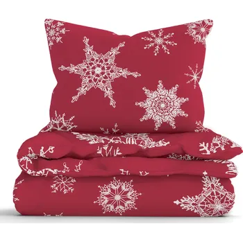 Povlečení MKLuzkoviny.cz Vánoční prodloužené bavlněné povlečení Renforcé - Sněhové vločky červené 140 x 220, 70 x 90 cm zipový uzávěr