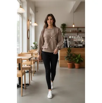 Dámská mikina Krátká mikina s květinou světle hnědá Velikost: UNI: XS - XL